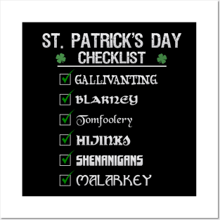 St Patrick's Day Checklist Funny Blarney Malarkey Shenanigans Hijinks Tomfoolery Posters and Art